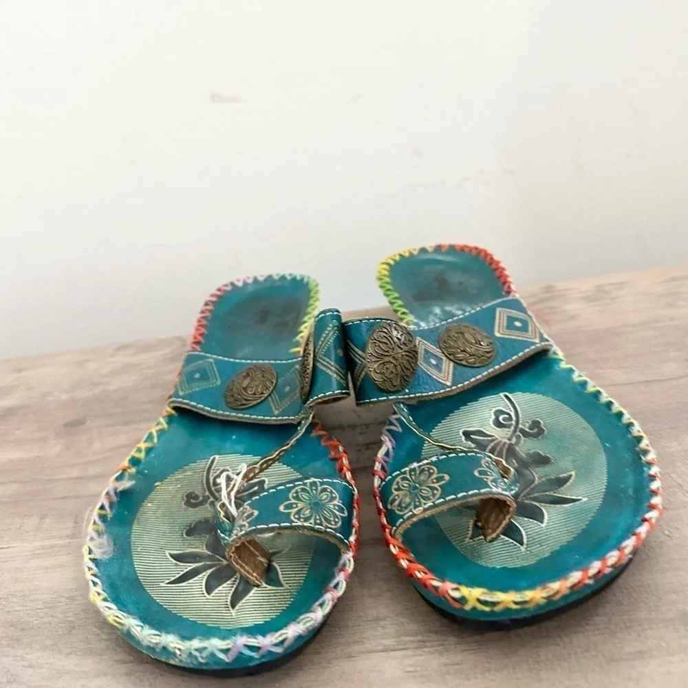 CORKYS POPPY TURQUOISE HAND PAINTED LEATHER SANDALS SIZe 9.5